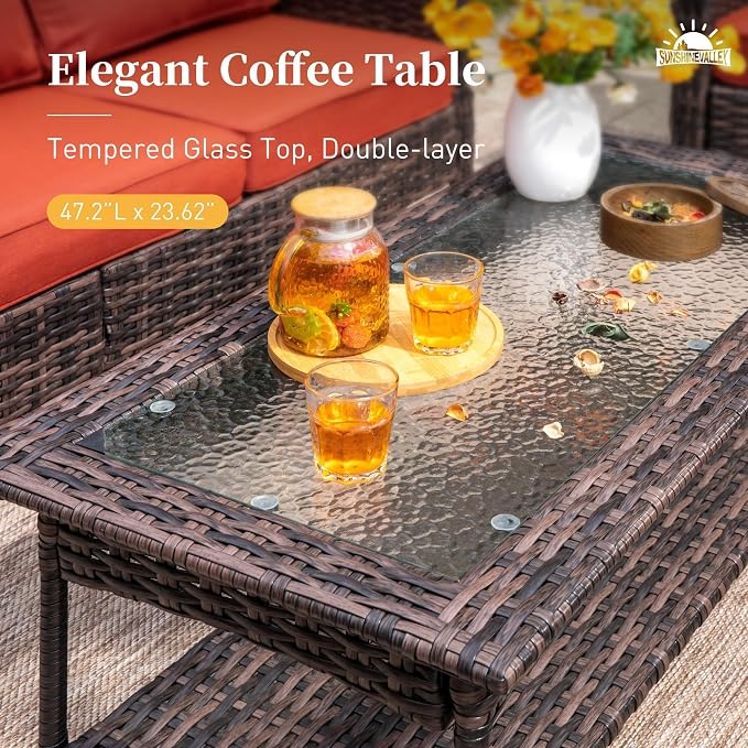 SUNSHINE VALLEY Patio Furniture Set with Swivel Chairs, High Back Wicker Rattan Furniture with Extra Thick Cushion and Coffee Table, Outdoor Conversation Set for Garden Backyard Deck,7 Seats Red