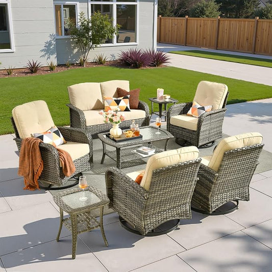 8 Pieces Patio Conversation Sets,Patio Furniture Set with Swivel Rocking Chairs,Coffee Table, Side Table, All Weather Rattan Wicker Outdoor Sectional Furniture Set for Porch Balcony Backyard Beige