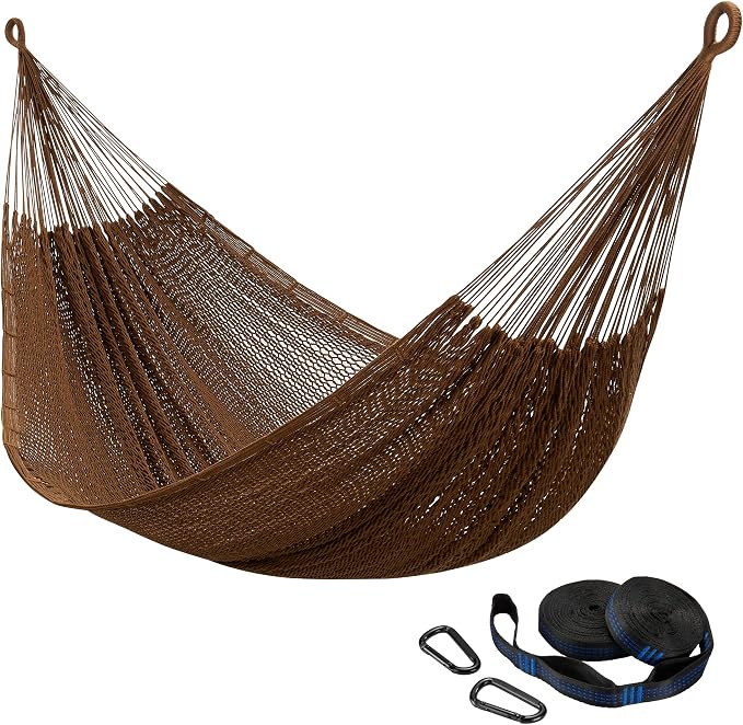 CHULIM Handwoven Mayan Hammock with 10ft Tree Straps, 550lbs Capacity Soft Rope Double Hammock, Portable Outdoor Hammock with Carry Bag for Camping Backyard Beach - Coffee