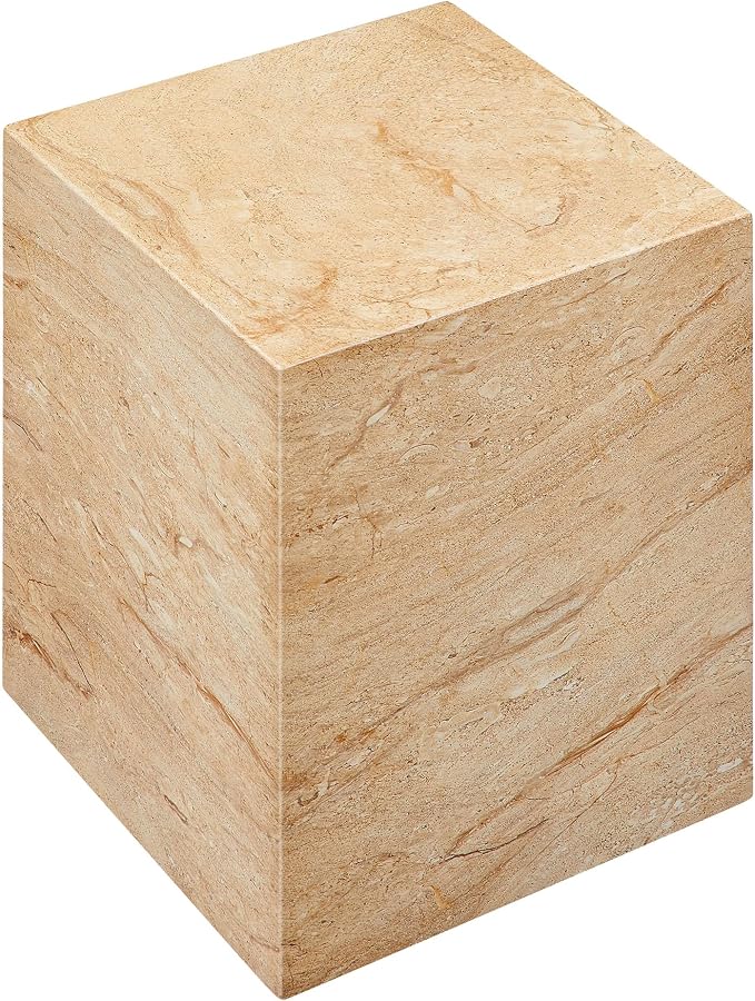 Modway Jordana Indoor Outdoor Concrete Side Table in Travertine – Square Plinth End Table with Faux Stone Finish - Concrete Furniture Accent Table for Patio, Garden, or Living Room