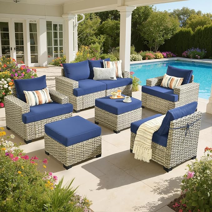 Outdoor Sectional Patio Furniture Set,7 Pieces All Weather Rattan Wicker Conversation Sets,Out Door Furniture with Ottoman Single Chair,Navy Blue