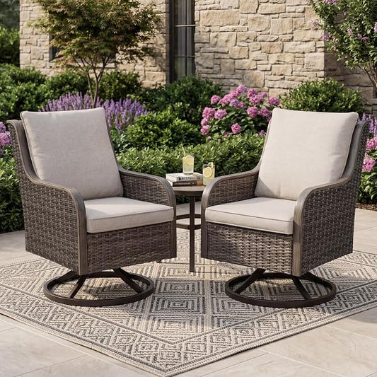 Swivel Patio Chairs Set of 2, High Back Outdoor Chairs, Wicker Patio Furniture with Cushions, Outdoor Furniture for Porch Backyard