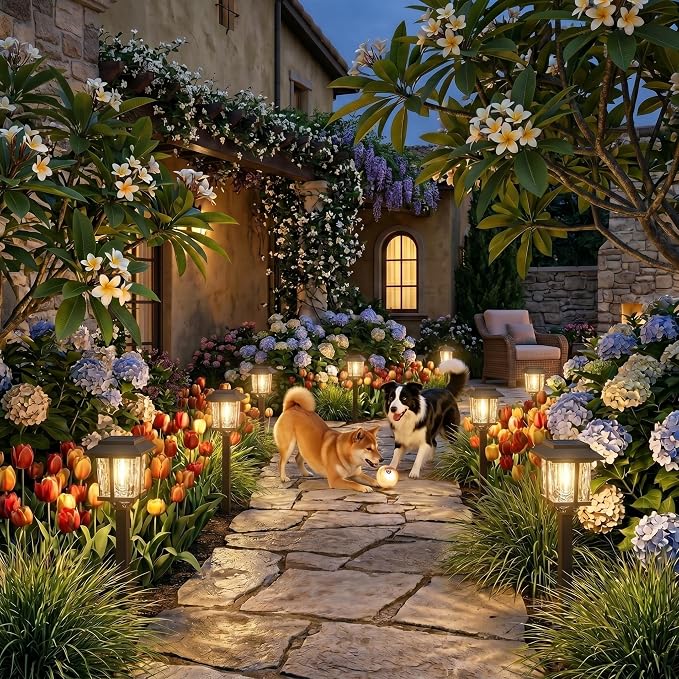 XMCOSY+ Solar Outdoor Lights Waterproof, 2-Tone Solar Garden Lights, 6 Pack | IP65 Waterproof Warm Glow, White Water Glass & Stainless Steel, Landscaping Decor for Garden Yard Pathway Driveway Walkway