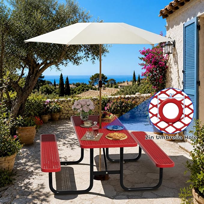 6FT Rectangular Steel Outdoor Picnic Table, Commercial Picnic Table Bench Set with Umbrella Hole, Weather-Resistant Heavy Duty School Dining Table for Stores, Park, Patio, Garden, Backyard, Red
