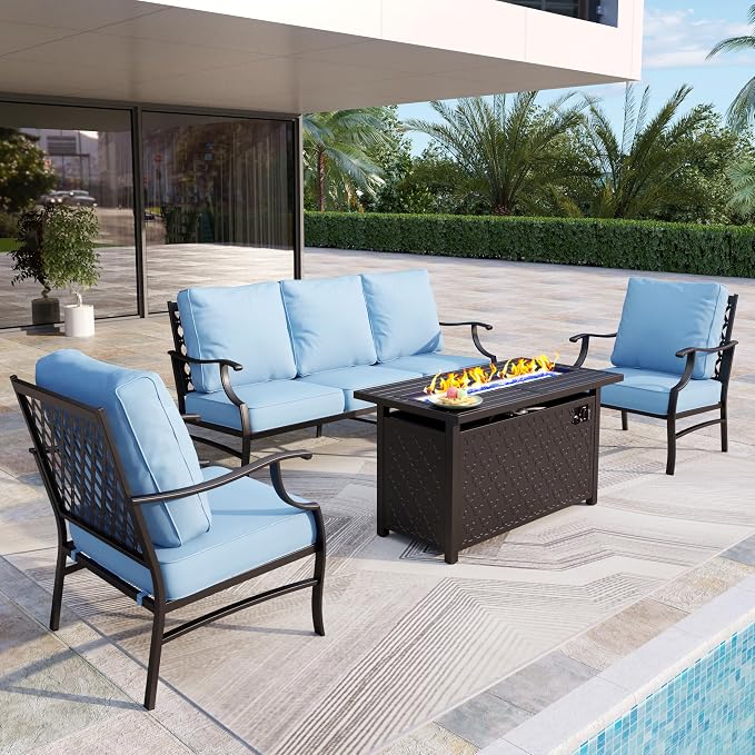 MIXPATIO Patio Furniture Set with Firepit Table, 4 Pcs Metal Outdoor Conversation Set, 2 Single Chairs and 3 Seater Sofa with 5.75" Extra Thick Cushion and Gas Fire Pit Table for Backyard Deck, Blue