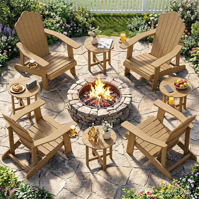 Tangkula Round Outdoor Side Table Set of 2, Adirondack Side Table with Weather-Resistant, Waterproof Top, Small Outside End Table for Patio Deck Pool Porch, Easy Maintenance (Brown,2)