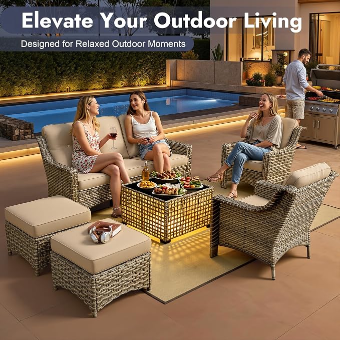 6 PCS Patio Furniture Set, Deep Seat High Back Outdoor Conversation Set with Ottomans, Wicker Outside Furniture with Solar Light Coffee Table for Porch Backyard Balcony, Sunroom, Beige