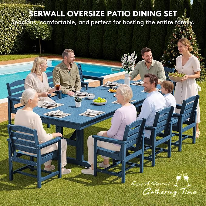 SERWALL 9 Piece Outdoor Dining Set, 84" HDPE Outdoor Table and Chairs for 8，All Weather Patio Furniture Set with Umbrella Hole for Backyard, Garden, Blue