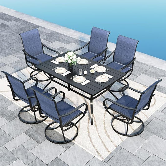 Sophia & William 7 Pcs Patio Dining Set, Metal Table w/Swivel Chairs, Blue | High-back & Padded, Umbrella Hole, Rectangular, Durable & rrgonomic, Weather-resistant, Outdoor backyard deck, 7 Piece