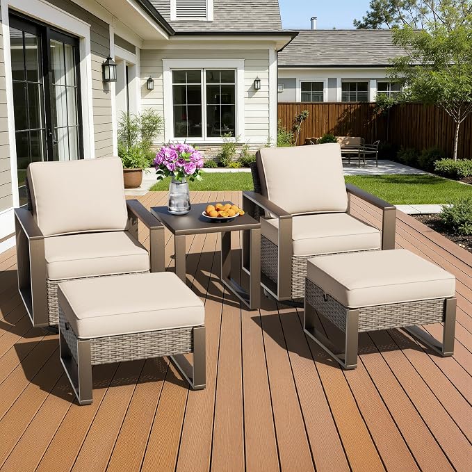 5 Pieces Metal Wicker Patio Furniture Set - 2 Swivel Rocker Chairs and 2 Ottomans, 1 Side Table, All Weather Rattan Outdoor Conversation Furniture with Washable Cushion for Deck Porch, Beige