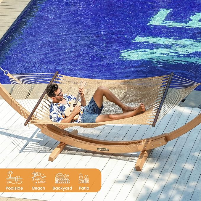 Lazy Daze Hammocks 2 Person Caribbean Rope Hammock with Wood Stand, 10.5FT Polyester Hammock with Spreader Bars, 13FT Heavy Duty Stand Combo, 450 LBS Capacity for Outdoor Backyard Garden Poolside, Tan