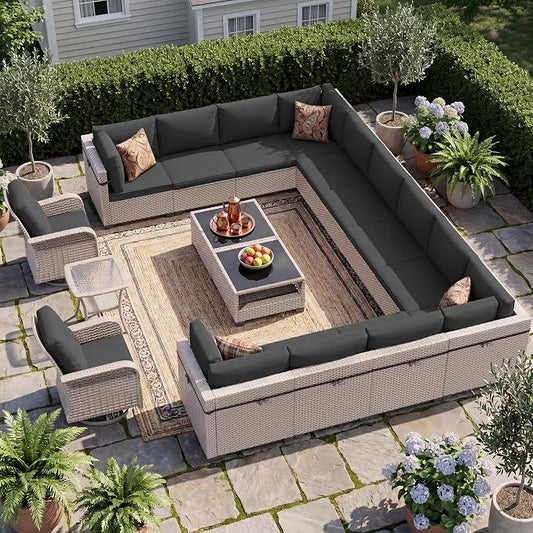 Patio Furniture Set, 17-Piece Outdoor Sectional Sofa with Swivel Rocker Chairs & 2-Layer Glass Coffee Table, Wicker Patio Conversation Set with Black Cushions