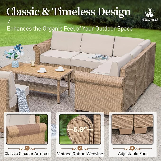 HERA'S HOUSE Patio Furniture Set, All Weather 7 Seats Outdoor Sectional Wicker Sofa with 44" Coffee Table, 5.5" Thick Waterproof Cushion 8 Piece Modular Conversation Set for Garden Deck Backyard