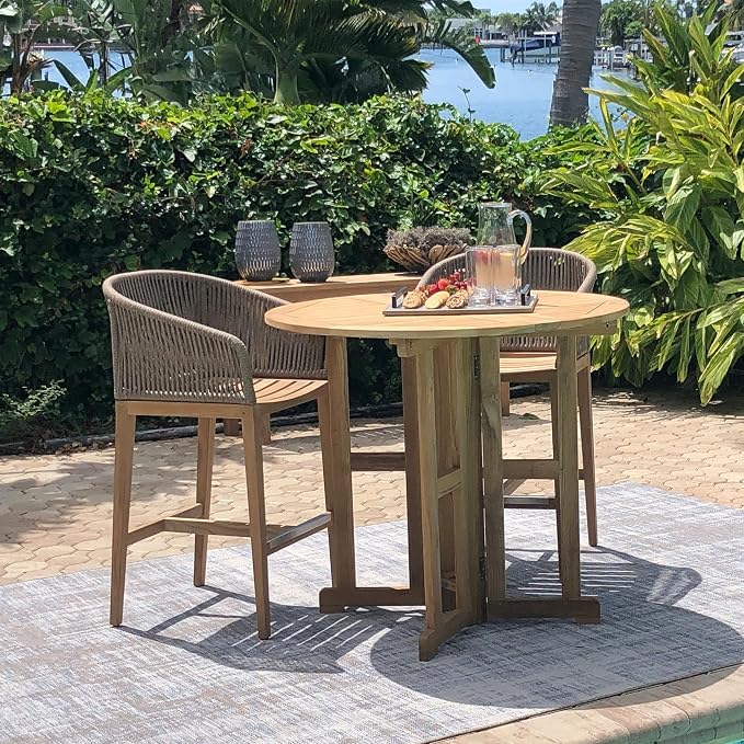 Royal Teak Collection Drop Leaf Bar Table, 45-Inch Folding Outdoor Round Table, Space-Saving, Bar Height, Balcony, Garden or Patio Wooden Teak Outdoor Furniture (BTDL45)