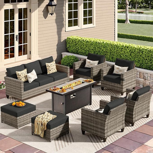 CAODOC 8-Piece Outdoor Wicker Patio Set with 9 Seats, Including 53" Fire Pit - Sectional Sofa and Conversation Set for Backyard or Lawn, Gray Rattan with Waterproof Black Cushions
