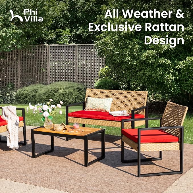 PHI VILLA Wicker Patio Furniture Set for 4, Small Patio Loveseat and Chairs with Acacia Wood Coffee Table, Outdoor Conversation Set with Red Cushion, Front Porch Furniture for Deck, Yard, Garden