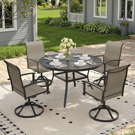 5 Pieces Round Outdoor Table and Chairs Set, Patio Dining Set with 40.6" Round Spliced Outdoor Table and Patio Swivel Chairs for Backyard Lawn Garden, Black Table and Mixed Brown Chairs