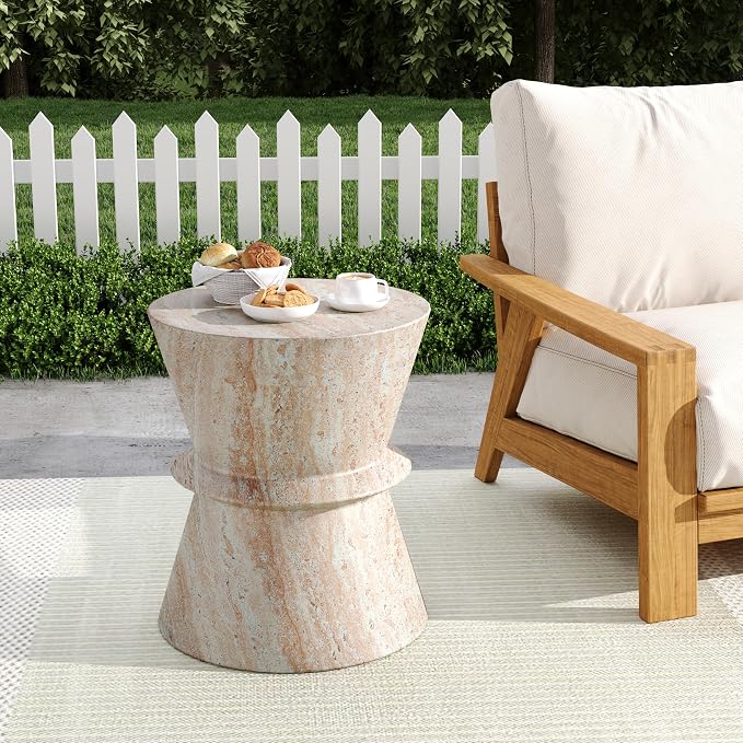 Outdoor Side Table 15.5" Hourglass Shape Concrete Side Table, Patio Tables for Outside Decorative Garden Stools, No Assembly Accent Table for Patio Porch Living Room, Beige