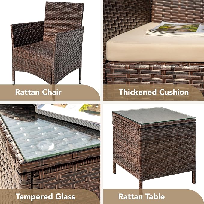 Devoko Patio Porch Furniture Sets 3 Pieces PE Rattan Wicker Chairs with Table Outdoor Garden Furniture Sets (Brown/Beige)