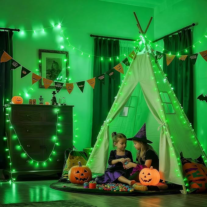 JMEXSUSS Connectable 100 LED Green Halloween Lights 8 Modes Grinch Lights | Plug-in Green Christmas Lights Indoor, 33ft Clear Wire Grinch Green String Lights Outdoor for Grinch Christmas Tree Decor