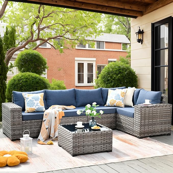 ovios 6 Pieces Patio Furniture Set, Outdoor Wicker Sectional Sofa with Coffee Table Comfy Cushions, Modern Modular Deep Seat Couch Rattan Conversation Set, Denim Blue