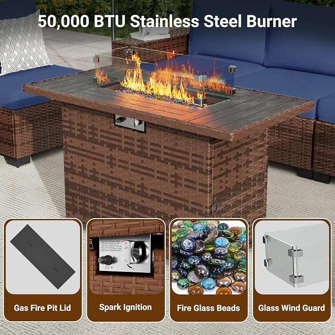 Patio Furniture Set with 44'' Propane Gas Firepit Table, 10 PCS Modular Outdoor Sectional Conversation Sets, All-Weather Wicker Patio Set for Backyard, Navy (Waterproof Covers Included)
