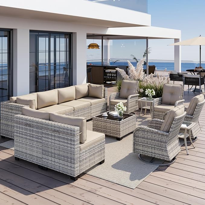 13-Piece Outdoor Patio Furniture Set with Rocking Swivel Chair, Wicker Rattan Sectional Sofa Conversation Set with Tempered Glass Table, Backyard Furniture, Beige