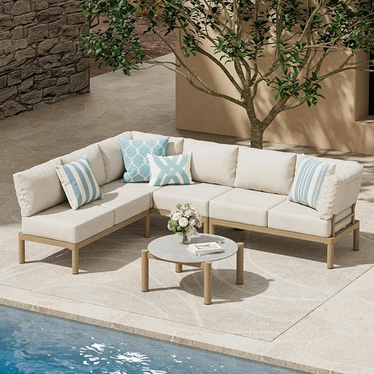 Patio Furniture Set for 6 seat, Aluminum Outdoor Sectional Sofas with 7 Inch Olefin Cushion and Glass Coffee Table, Modern Outdoor Conversation Sets for Porch, Backyard, Sunroom, L-Shaped, Beige