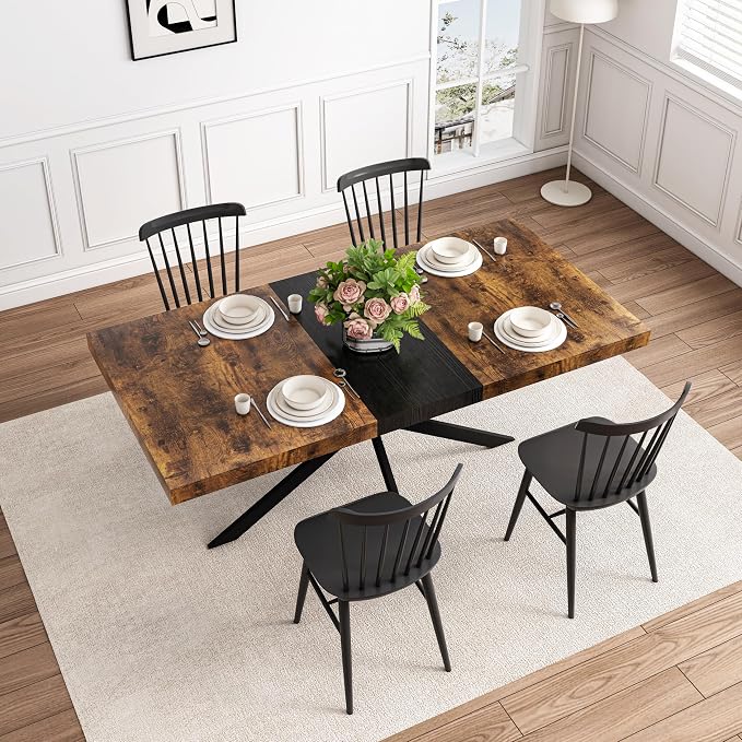 55.11" -70.86" Extendable Dining Room Table, Retro Folding Dining Tables for 4-6 People with Antique Wood Top/Black Fine Sand Cross Iron Foot Base/Storage Box, Black Brown