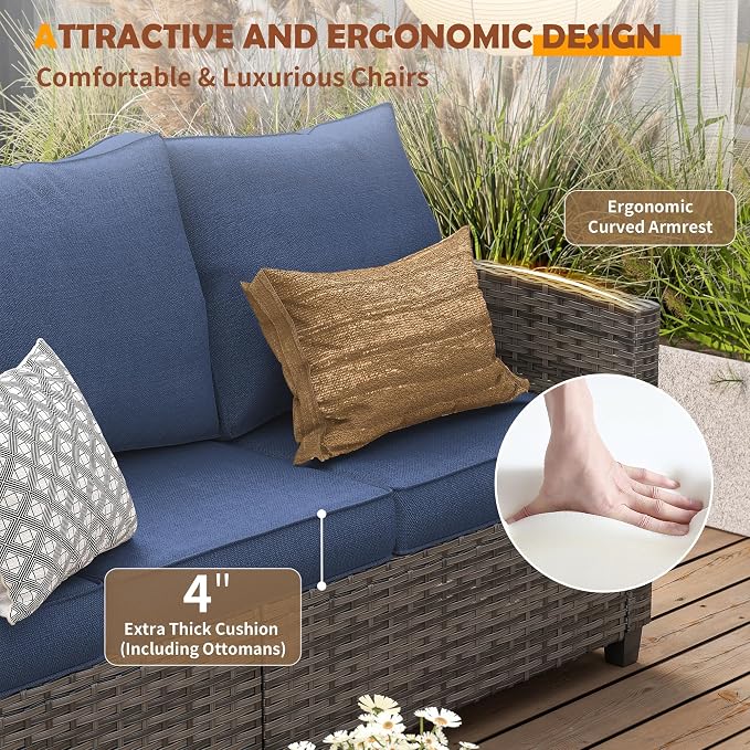 UDPATIO Patio Furniture Set with 44" Fire Pit Table, 6 Pieces Outdoor Sectional Conversation Sets, All-Weather Wicker Rattan Sofa Ottoman with 4" Thick Cushion for Garden Backyard Poolside, Navy Blue