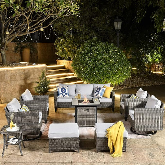 ovios 9 Pieces Patio Furniture Set with Square Fire Pit Table, Outdoor Swivel Rocking Chairs, High Back Wicker Rattan Conversation Set for Deck Porch, Grey