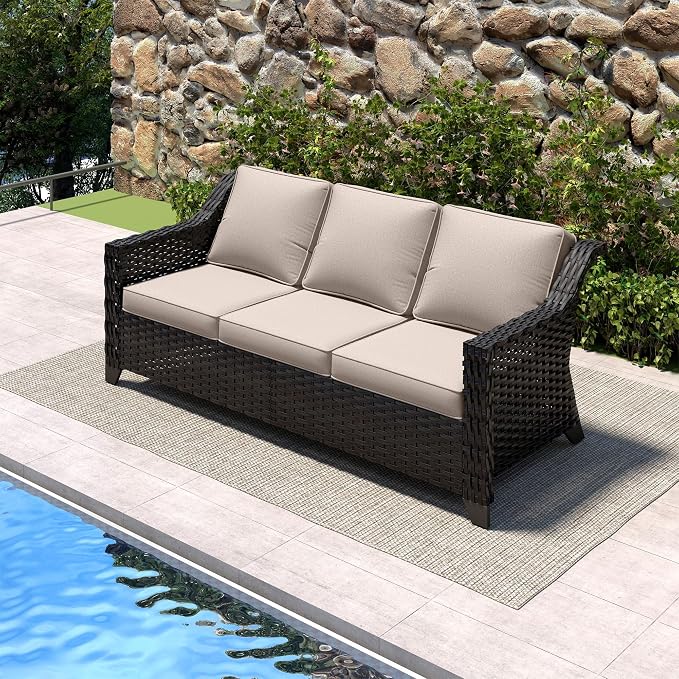 77'' Patio Sofa, All Weather Outdoor Rattan Wicker 3-Seat Sofa High Back Couch with Premium Cushions for Garden Backyard Porch(Brown/Beige)