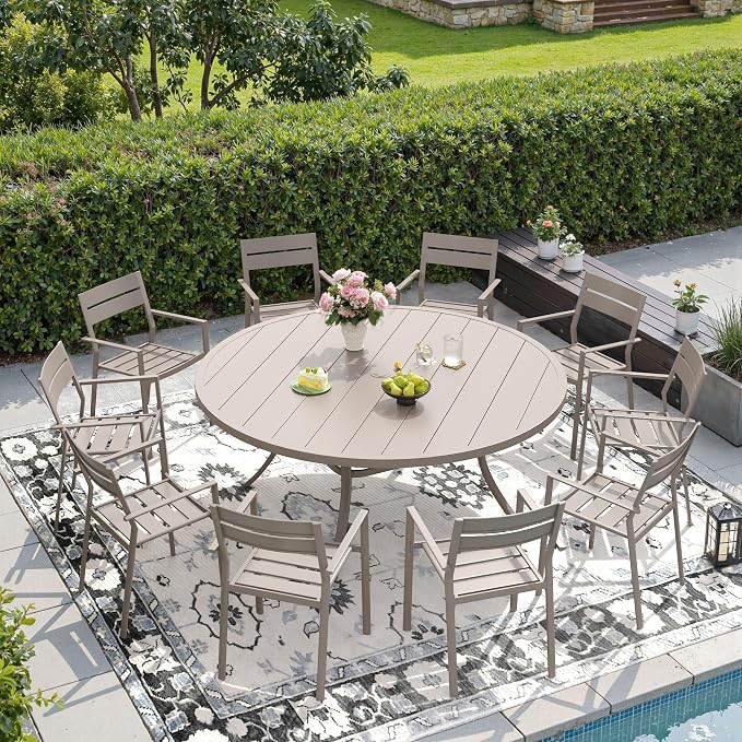 DIFY 11 Piece Outdoor Patio Dining Set for 10, Patio Table and Chairs Set with Umbrella Hole, 60" Round Dining Table and Stackable Metal Chairs for Backyard Garden Poolside, Sandshell
