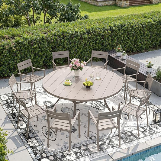 DIFY 11 Piece Outdoor Patio Dining Set for 10, Patio Table and Chairs Set with Umbrella Hole, 60" Round Dining Table and Stackable Metal Chairs for Backyard Garden Poolside, Sandshell