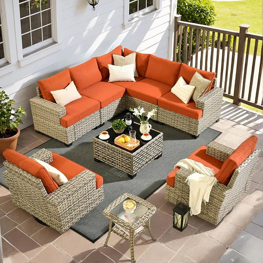 9 Pcs Outdoor Sectional Patio Furniture Set with Swivel Rocking Chairs - All Weather Wicker Modular Outside Sectional Couch,Patio Seating Outdoor Conversation Set for Deck Yard Garden,Orange Red