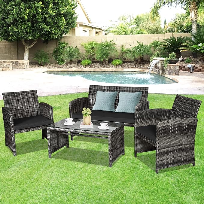 Outdoor Conversation Set, 4 Pieces Wicker Patio Furniture Set with Ergonomic Curved Design, Patio Chair Set with Water-Resistant Cushion & Tempered Glass Table for Balcony,Porch(Black)
