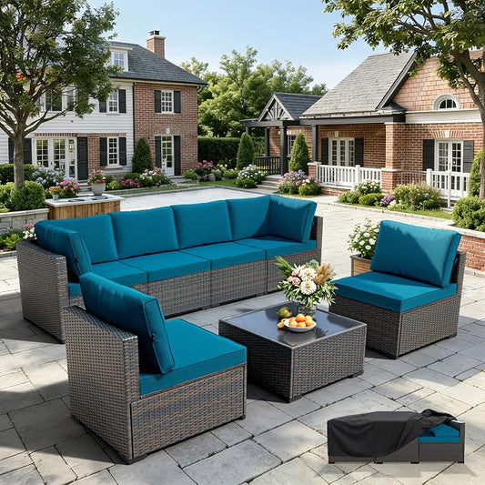 WWR Patio Furniture Set 7 Piece - All-Weather - Wicker Rattan Patio Outdoor Conversation Set, Modular Sectional Sofa for Backyard, Garden, Poolside, Balcony, Porch, Patio, Brown/Peacock Blue