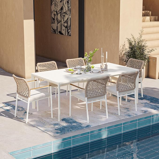 Modern Shade 7 Piece Luxury Outdoor Dining Set, Large Outdoor Table and Chairs with Fade Resistant Cushions & Teak Accents, Premium Aluminum Patio Table and Chairs Set for Outdoor Entertaining, Beige