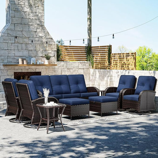Joyside Wicker Patio Furniture Set, 9 Piece Outdoor Furniture Set with Thickened Cushions, High Back, Deep Seating, Wide Armrest, Outdoor Swivel Rocker Chairs for Porch, Deck