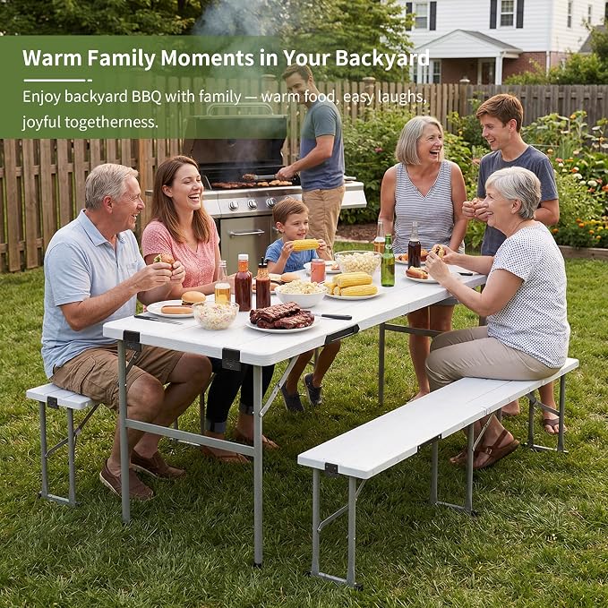 Picnic Table Set with 2 Benches,6 Feet Folding Camping Table Chair Set with Wood Grain Tabletop,3-Piece Outdoor Indoor Portable Folding Furniture for Party, Camping, Picnic, Weddings (White)