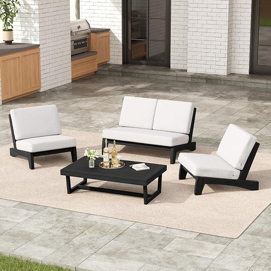 4 Pieces Patio Furniture Sets, All-Weather Outdoor Wood Bistro Set Patio Conversation Coffee Table Chiars and Patio Loveseat for Balcony, Backyard