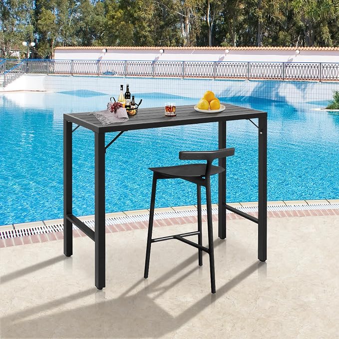 Outdoor Bar Table, 47” Patio Bar Height Table, Bar Counter Pub Dining Table with Waterproof Top for Balcony，Garden, Yard, Poolside (Black)