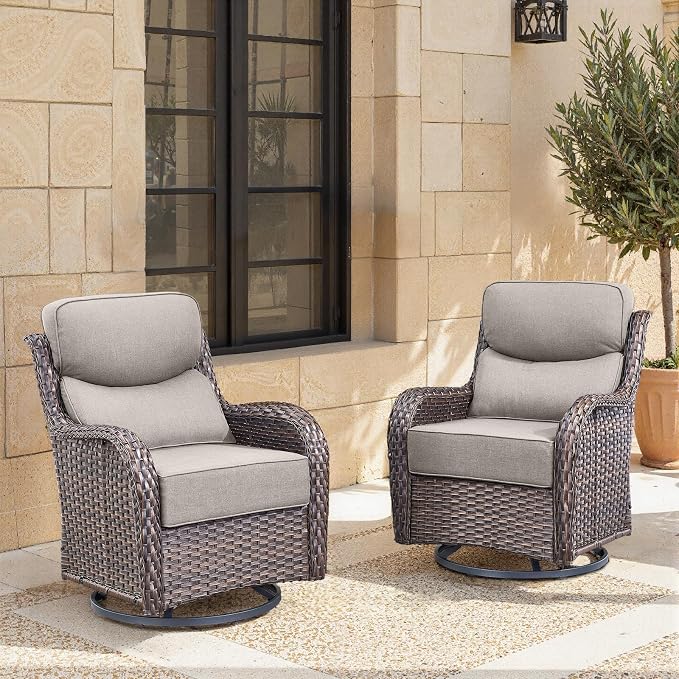 Swivel Patio Chairs Set of 2 with 6" Thick Cushion - Wicker Outdoor Swivel Rocker Patio Sets, High Back Comfortable Outdoor Glider Chairs 360° Rotation Glider Brown Wicker-Grey Cushion