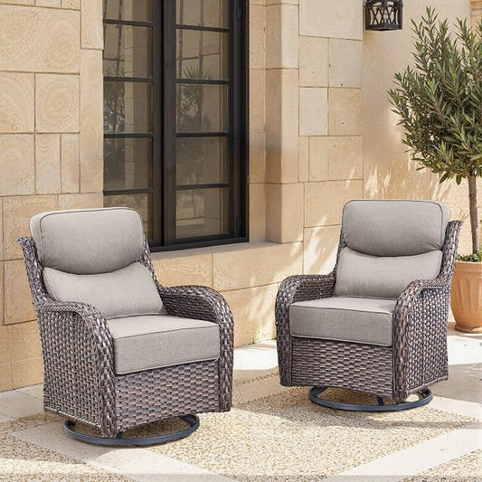 Swivel Patio Chairs Set of 2 with 6" Thick Cushion - Wicker Outdoor Swivel Rocker Patio Sets, High Back Comfortable Outdoor Glider Chairs 360° Rotation Glider Brown Wicker-Grey Cushion