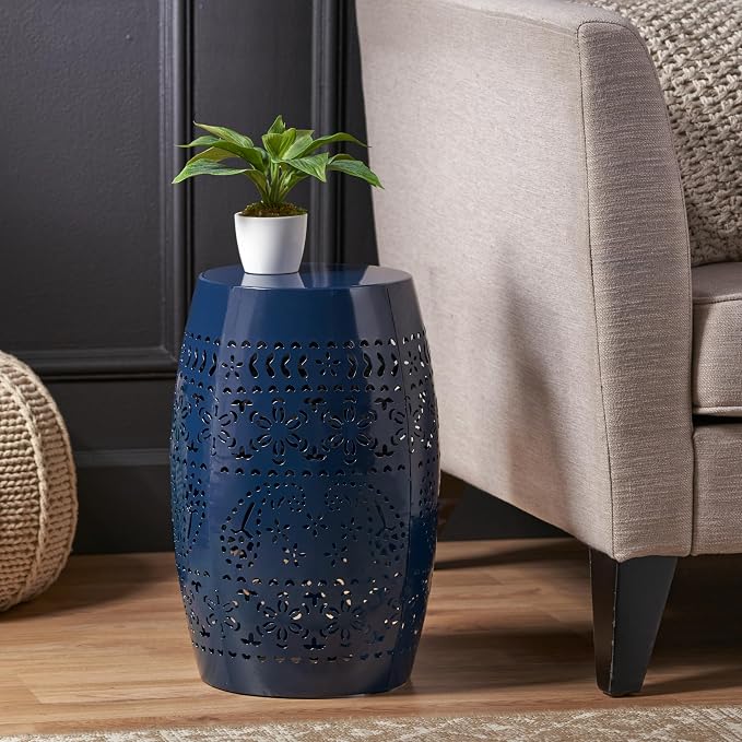 12" Outdoor Side Table, Metal Cutout Drum Side Table, Patio Garden Stool | Coffee End Tables for Small Spaces, Living Room, Backyard, Poolside