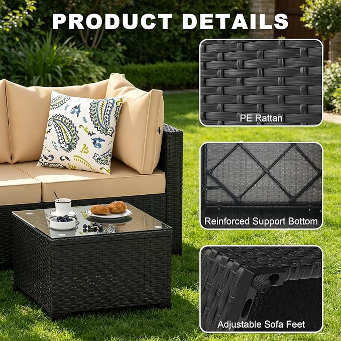 5 Piece Patio Furniture Sets, Outdoor Patio Set Sectional Sofa, All-Weather PE Rattan Couch with Cushion, Glass Table for Gatherings, Parties, Sports Viewing (Khaki, 6-Piece Fire Pit Table Set)