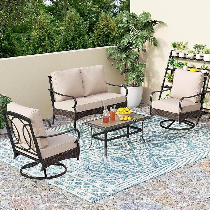 PHI VILLA Outdoor Porch Furniture Set, Upgraded Wicker & Metal Deep Seating Patio Furniture Conversation Set with Waterproof Thick Cushions for Balcony, Yard (4 Pieces,Beige)