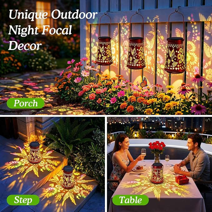 Hummingbird Solar Lanterns Waterproof Outdoor Solar Lights | Sunflower & Butterfly Patterns, Metal Hanging Lights for Patio & Yard, Garden Decor Gifts for Women, Mom & Grandma, 1 Pack