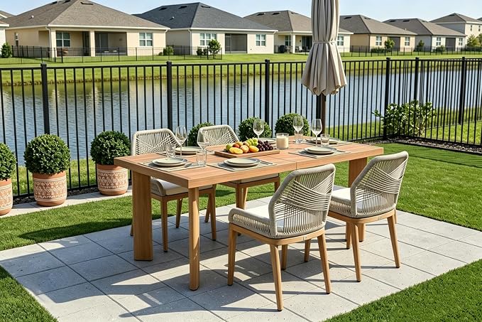 PURPLE LEAF 5 Pieces Patio Dining Set Aluminum Modern Rectangular Table and Wicker Chairs with Cushions for Kitchen Porch Garden Outdoor Furniture Sets, Teak