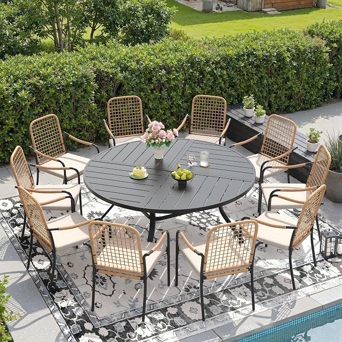 DIFY 11 Pieces Outdoor Dining Set, Metal Patio Table and Chairs Set for 10, 59.8" Round Dining Table with Umbrella Hole & Wicker Stackable Patio Chairs with Cushions, Black Tabletop